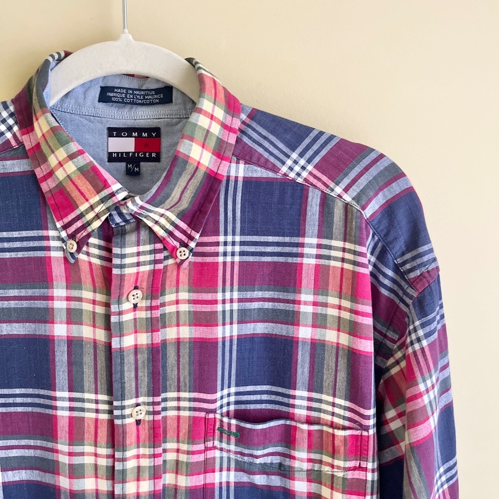 Vintage Tommy Hilfiger Button Up Shirt Men's Medium Plaid 100% Cotton Preppy Top - Picture 5 of 12